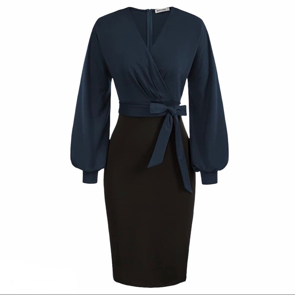 Grace Karin Long Sleeve Two Tone Faux Wrap Dress NWT S